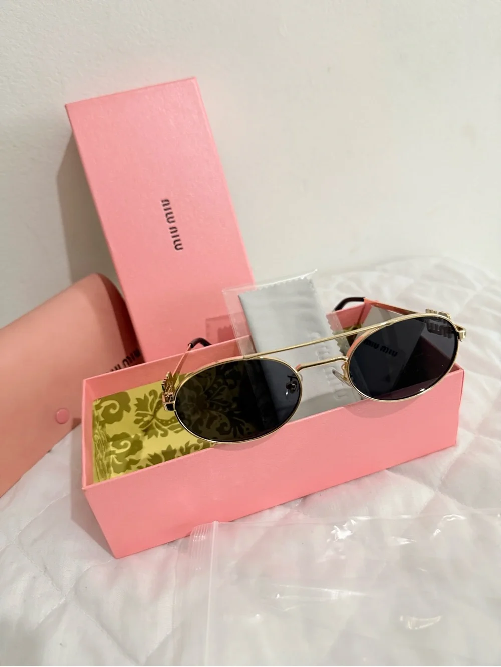Miu Miu Gold Frame Black Lens Sunglasses with Pink Case